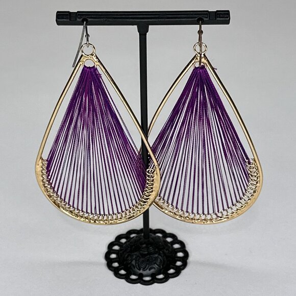 Threaded‎ Faux Gold Purple Tear Drop Earrings - Picture 3 of 8